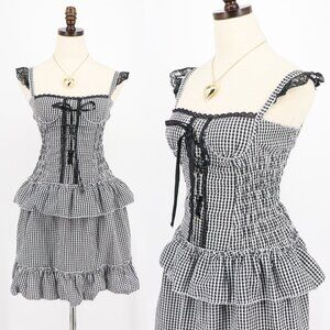 Vintage Betsey Johnson Gingham Plaid Milkmaid Lolita Lace-Up Ruffle Mini Dress